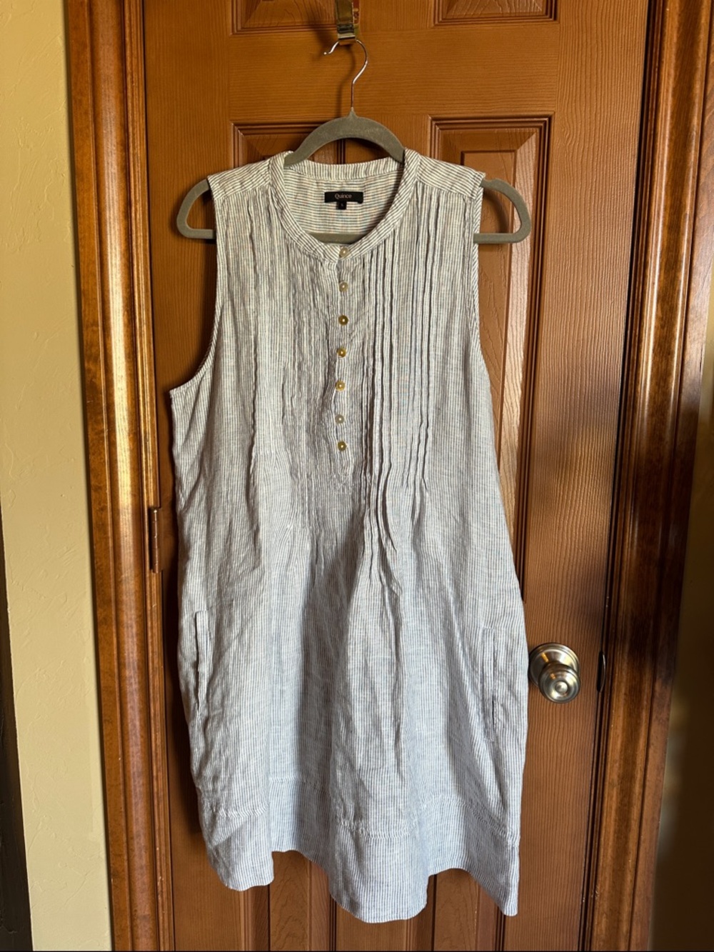 Quince 100% Linen Sleeveless Swing Dress in Blue Pinstripe, size Large - Picture 6 of 9